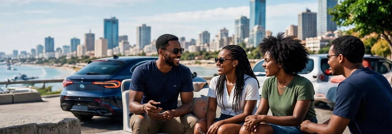 Friends chatting beside their cars at a city viewpoint