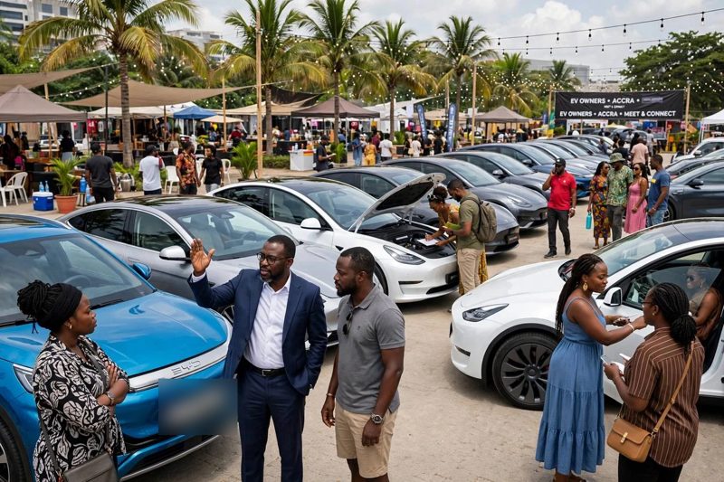 EV owners chatting among their cars at an outdoor meet-up