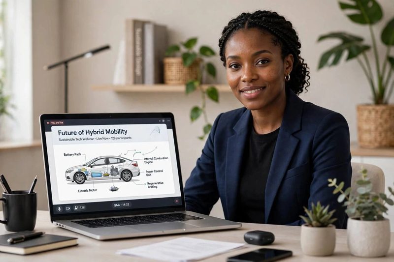 A presenter at a laptop showing a hybrid car diagram