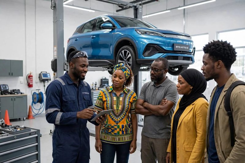 A technician showing a group of owners an electric SUV on a lift