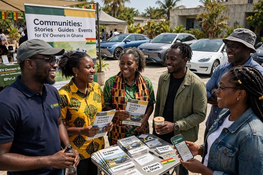 EV owners laughing together at a community stand with guides and stories, with electric cars behind them