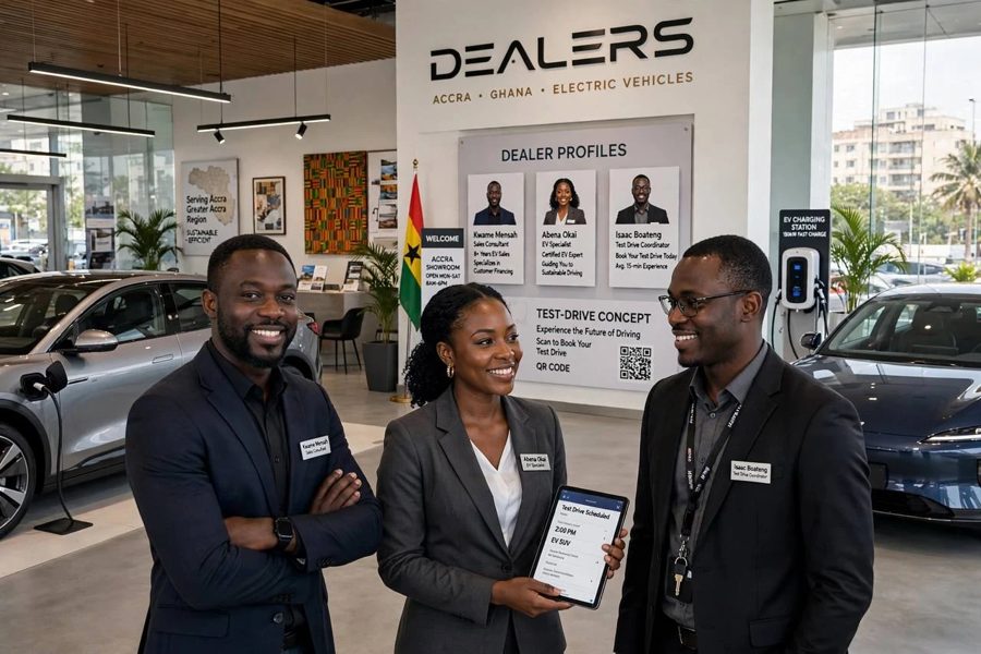 Three smiling dealership staff in an EV showroom, one holding a tablet showing a test drive booking