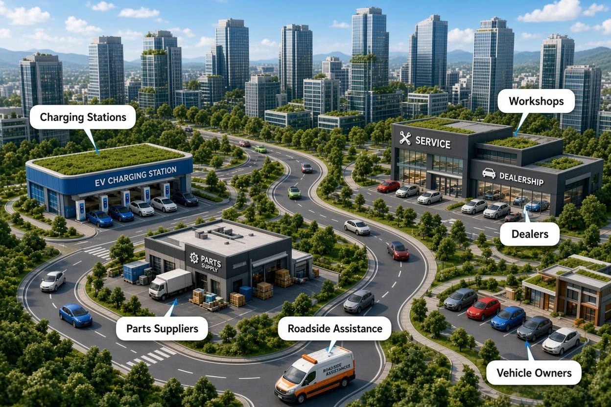 An illustrated city with a charging station, workshops, a dealership, a parts supplier, roadside assistance and vehicle owners