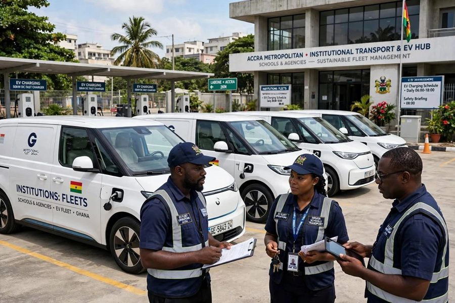 Three fleet staff with clipboards and a tablet in front of white electric vans at an institutional EV hub