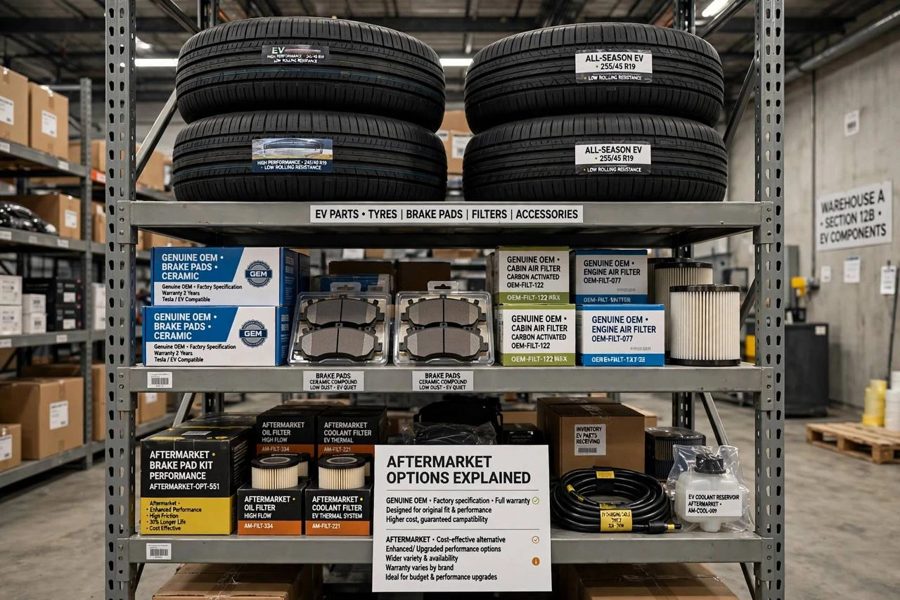 A warehouse shelf with EV tyres, brake pads, filters and a sign explaining genuine OEM versus aftermarket parts