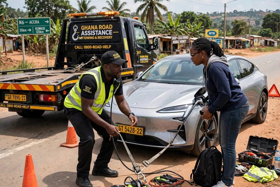 A roadside technician strapping down a silver electric car beside a flatbed tow truck while the owner looks on