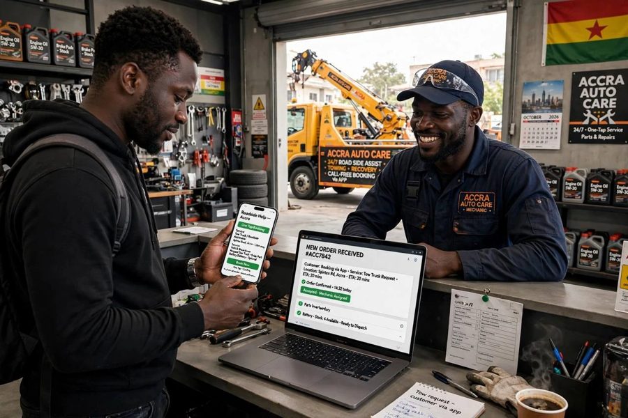 A customer showing a booking on his phone to a mechanic who has the order on a laptop