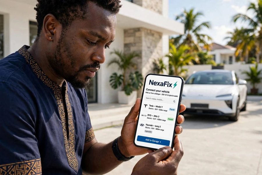 A man looking at the NexaFix app on his phone, adding his car, with a white EV behind him