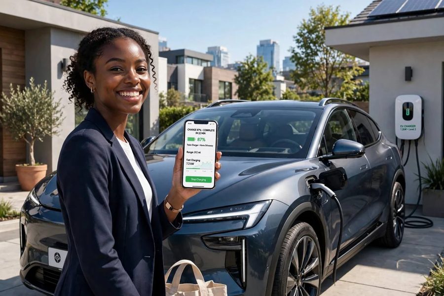 A smiling EV owner holding up her phone beside her electric car at a home charger