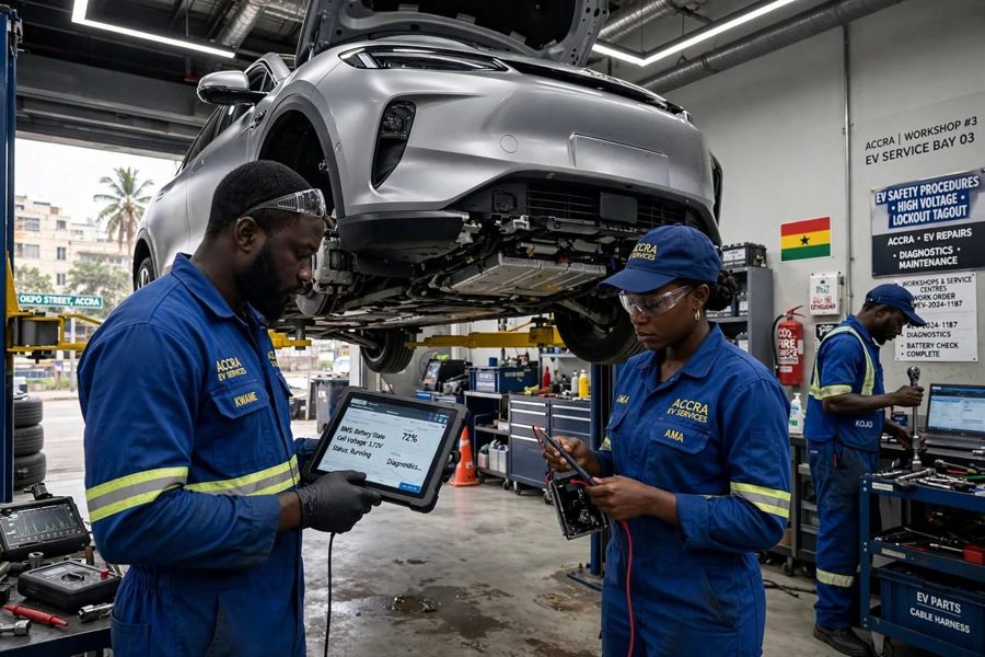 Two technicians in blue overalls running diagnostics on an electric car raised on a lift