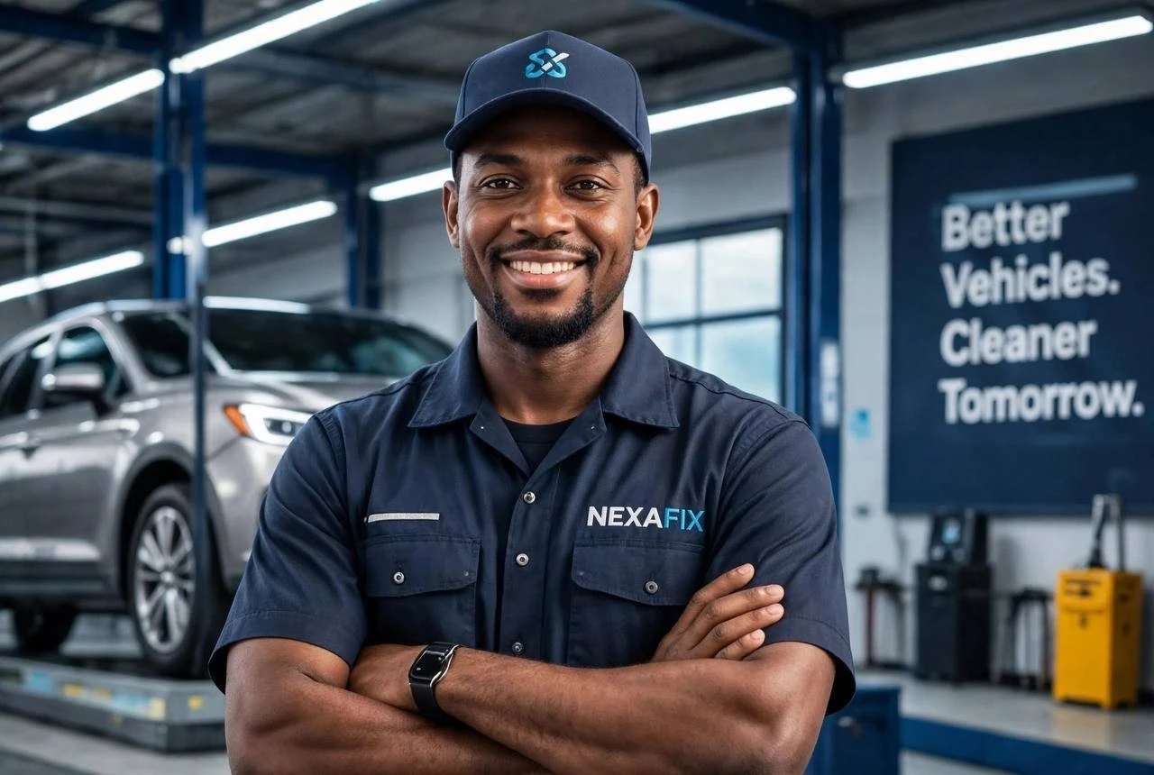 A smiling NexaFix technician in a workshop