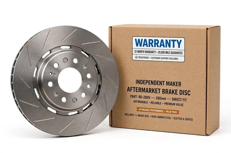 An aftermarket brake disc next to its box with a warranty label