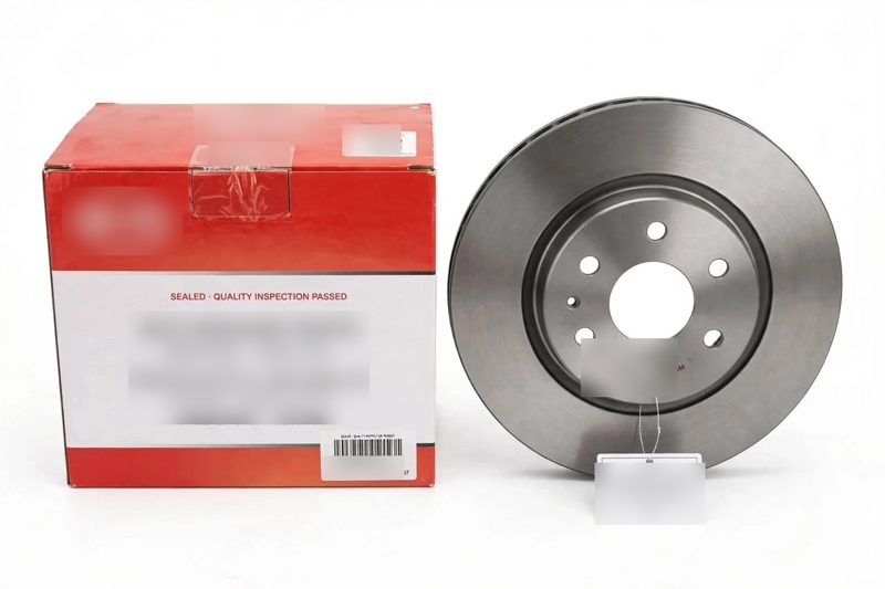 A carmaker-branded genuine brake disc next to its box