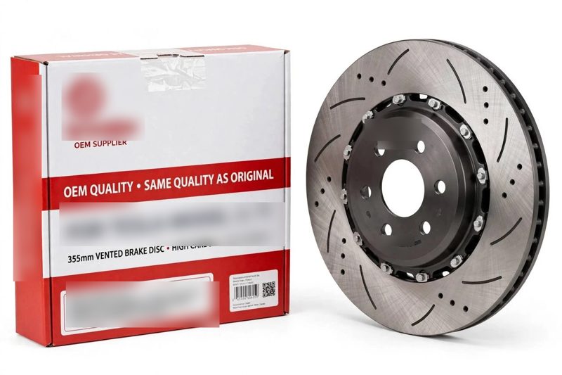 An OEM-supplier brake disc next to its box