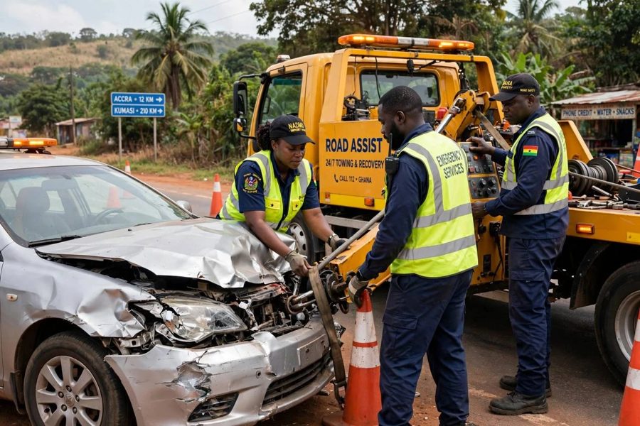 A crew in hi-vis vests hooking a car with a crushed front onto a tow truck