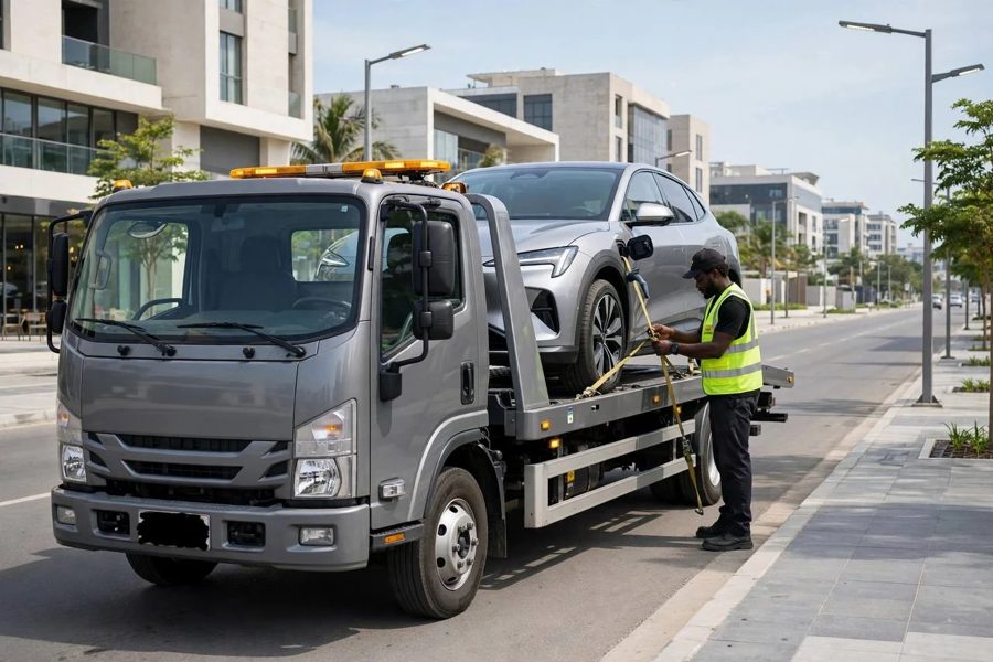 An operator securing an electric SUV on a grey flatbed truck on a city street