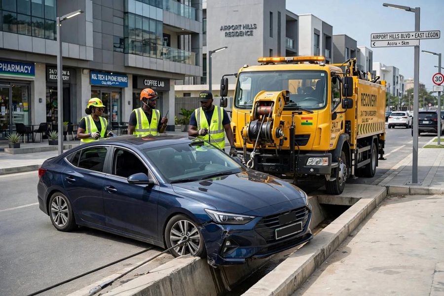 A recovery crew in hi-vis vests with a car stuck in a roadside drain and a yellow recovery truck