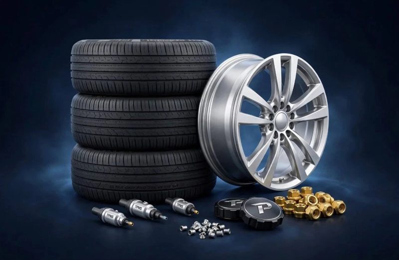 Stacked tyres, an alloy wheel, TPMS sensors, wheel caps and nuts