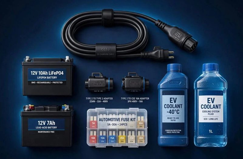 EV essentials: charging cable, 12V batteries, adapters, fuse kit and coolant