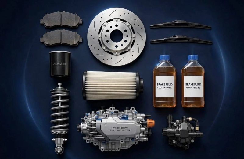 Maintenance parts: brake pads, disc, wipers, filters, brake fluid, shock absorber and hybrid drive unit