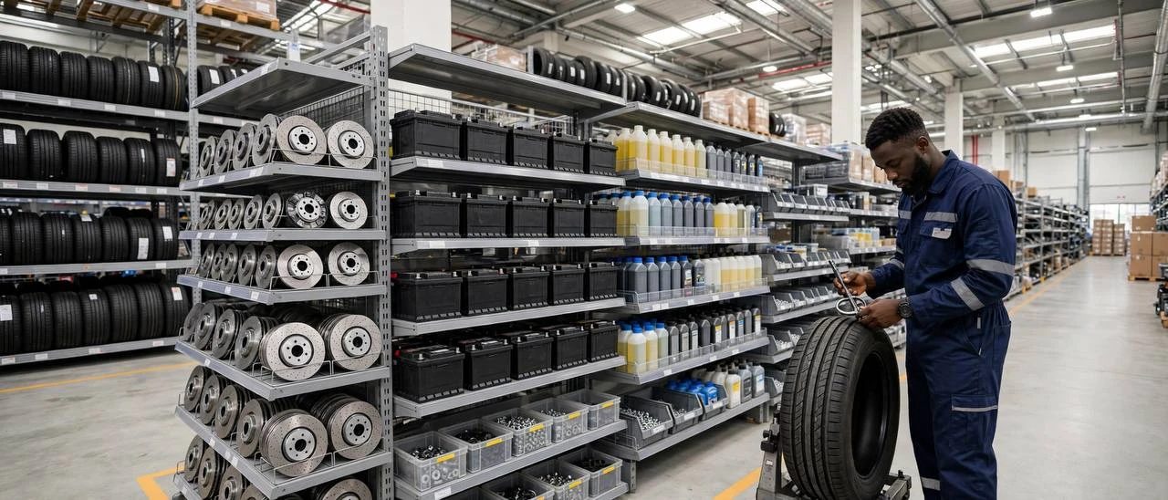 A parts warehouse with shelves of tyres, brake discs, batteries and fluids, and a technician checking a tyre