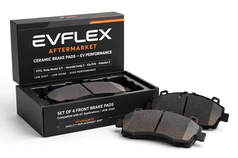 An aftermarket brake pad set beside its box