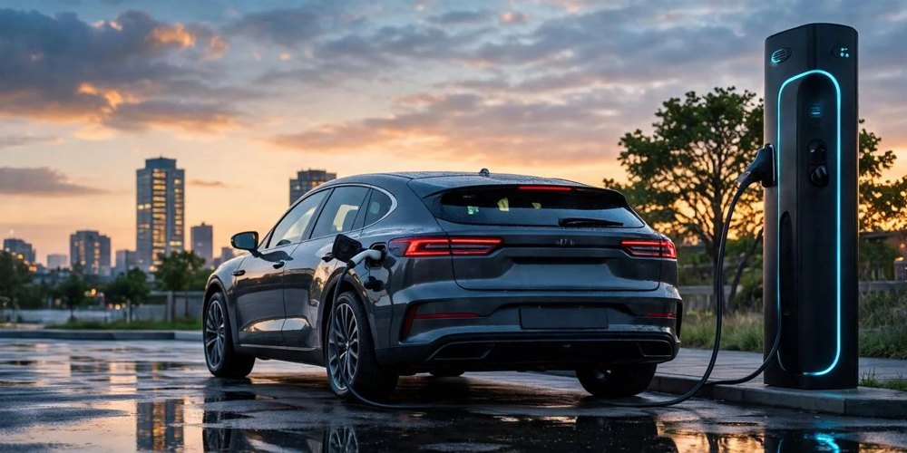 An electric SUV charging at a glowing charging point at sunset