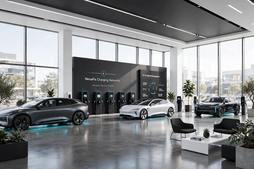 A bright EV showroom with three electric cars and a row of charging points