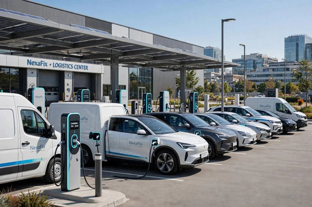 A fleet of NexaFix-branded electric cars and vans charging at a solar-roofed logistics centre
