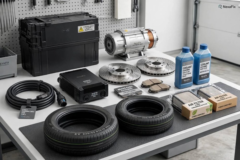 EV parts laid out on a workbench: brake discs and pads, coolant, tyres, filters, a charging cable and a battery module