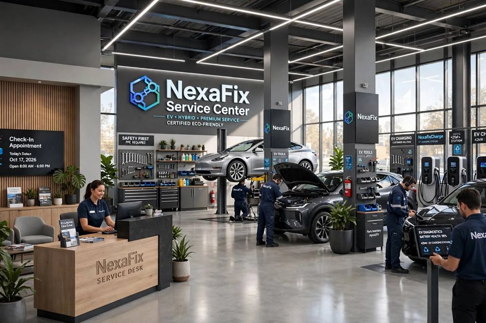 Technicians working on electric cars in a NexaFix service centre, with a service desk and charging points