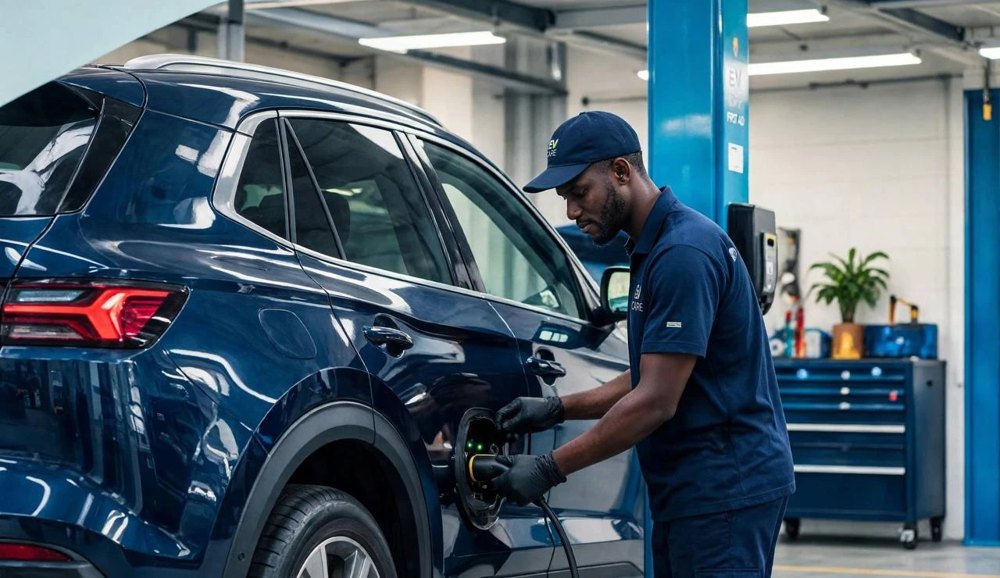 A technician plugging a charger into a blue electric SUV in a workshop