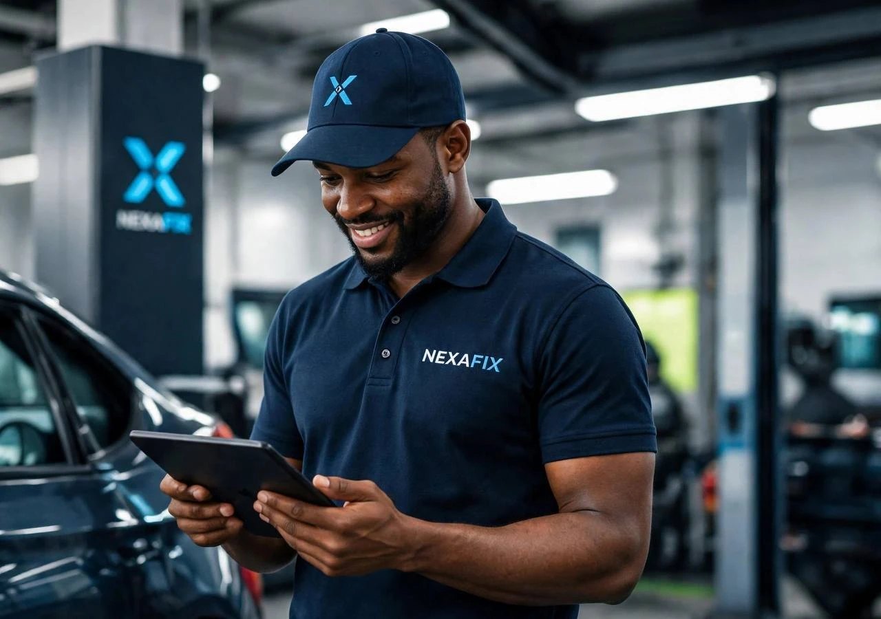 A smiling NexaFix technician in a cap and polo shirt checking a tablet in a workshop