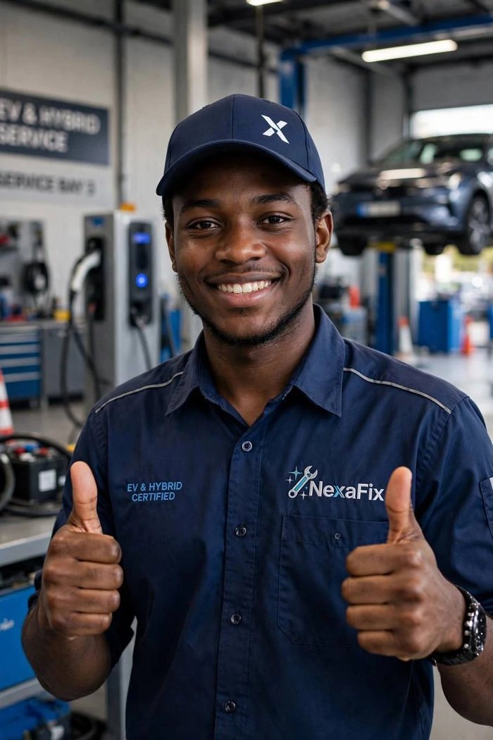 A smiling NexaFix technician giving two thumbs up in an EV workshop