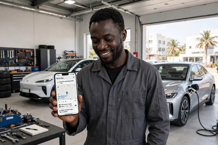 A smiling workshop owner holding up a phone showing the Nexa Map, with EV owners searching nearby