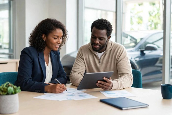 A partnerships adviser going through a plan on a tablet with a business owner
