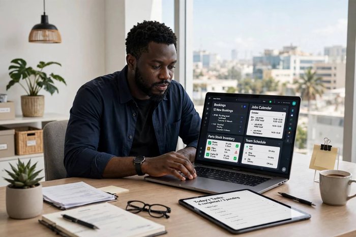 A business owner at a laptop with bookings, jobs calendar and parts stock on screen
