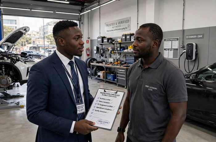 A verification inspector with a checklist talking to a workshop owner in an EV workshop