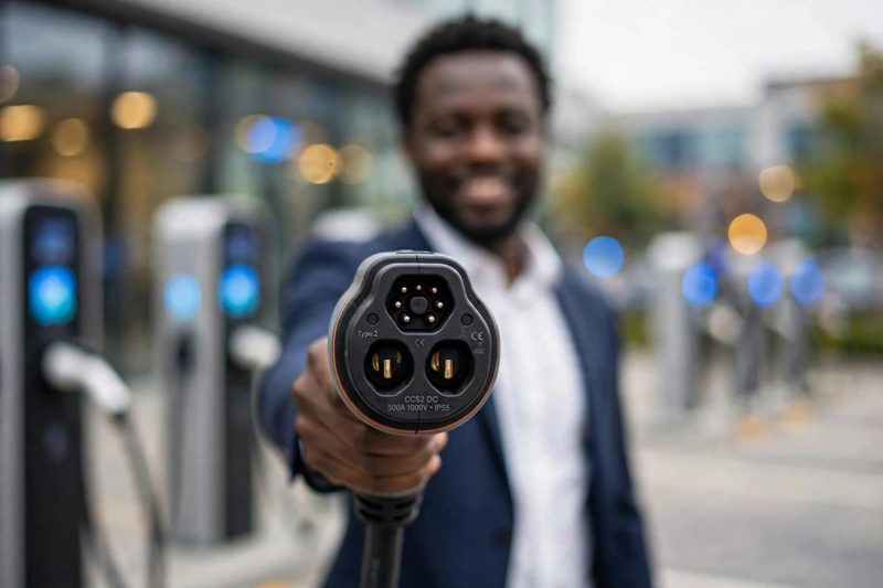 A man holding out a CCS2 fast-charging plug