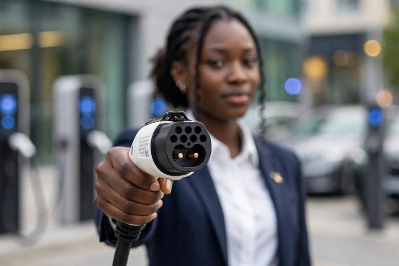 A woman holding out a GB/T charging plug