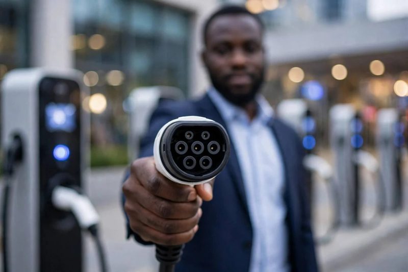 A man holding out a Type 2 charging plug
