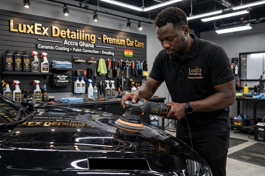 A detailer polishing the bonnet of a black car