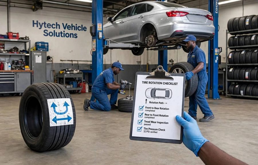 Technicians rotating tyres in a workshop, a hand holding a tyre rotation checklist