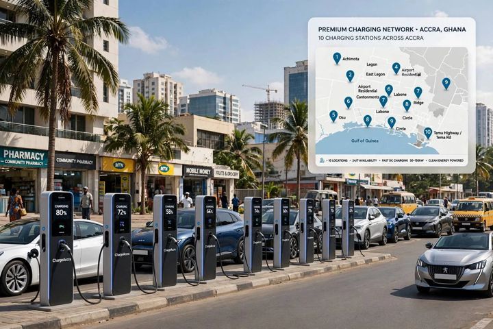 A row of EV chargers along an Accra street