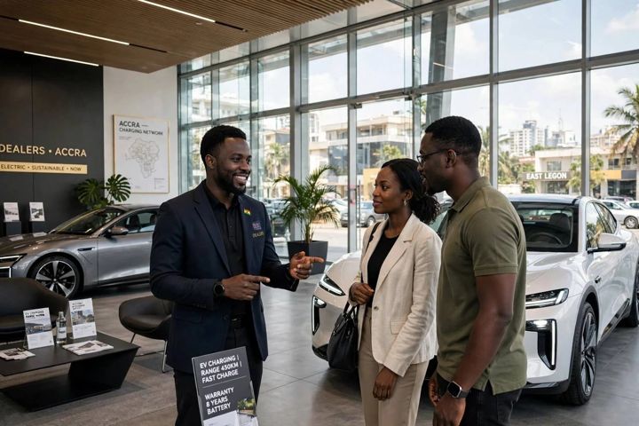A dealer showing an electric car to two customers in a showroom