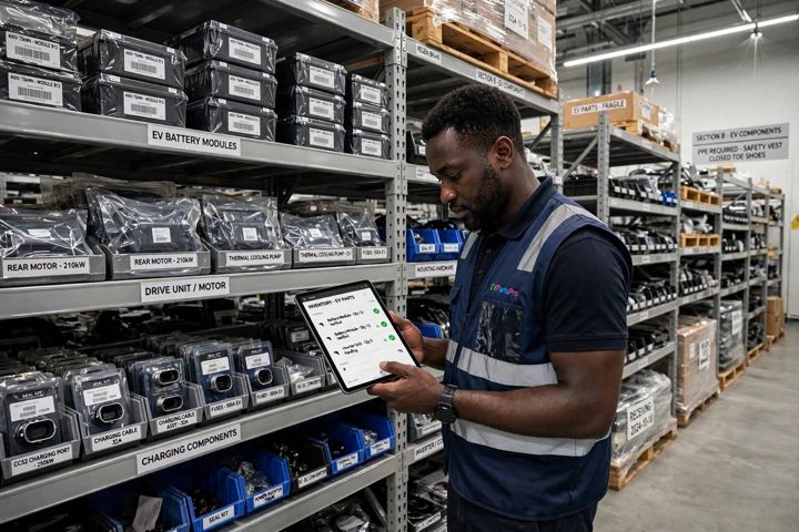 A parts supplier checking EV parts stock on a tablet in a warehouse