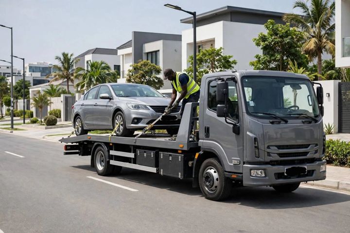 A flatbed tow truck carrying a car on a residential street