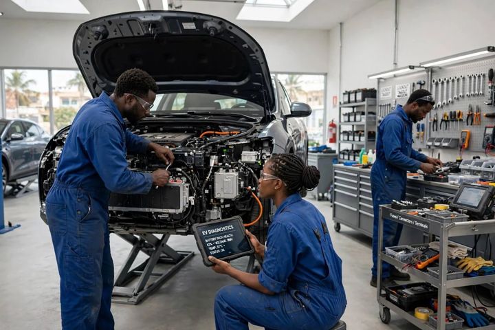 Two technicians working on an EV with its bonnet open, one reading a diagnostics tablet