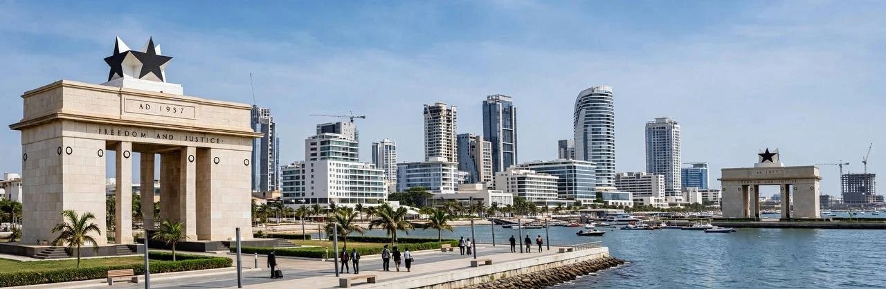 The Independence Arch on the Accra waterfront with the city skyline behind