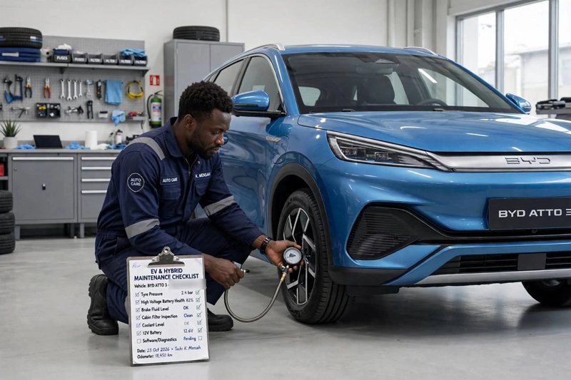 A technician checking tyre pressure on an electric SUV, a maintenance checklist beside him